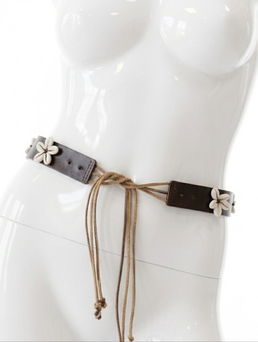 Leather Tie Belt Dark Brown with Seashell Accents, Boho Tie Wrap, Size Medium